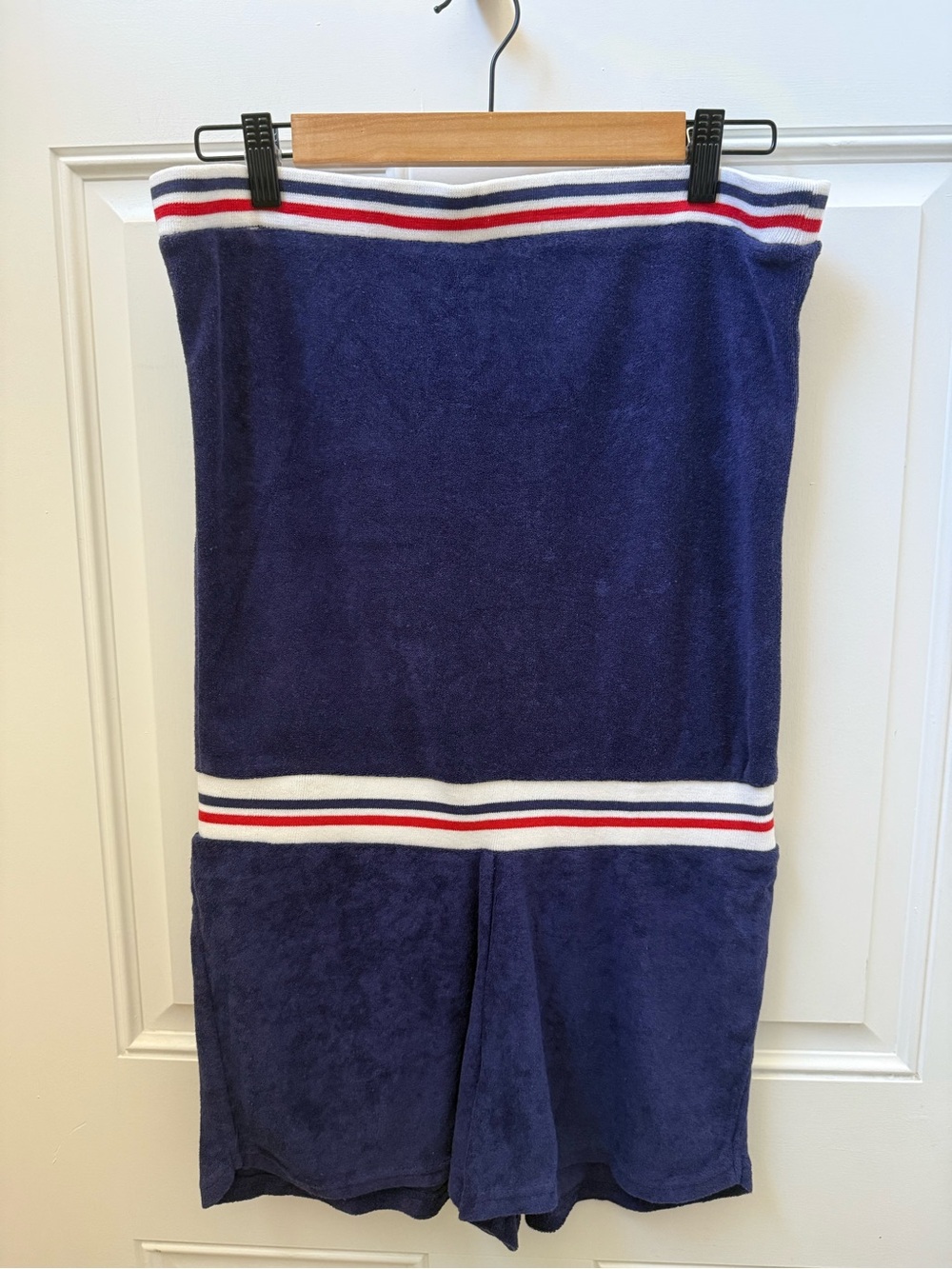 Macbeth Collection by Margaret Josephs Navy Blue Striped Strapless Terry Romper